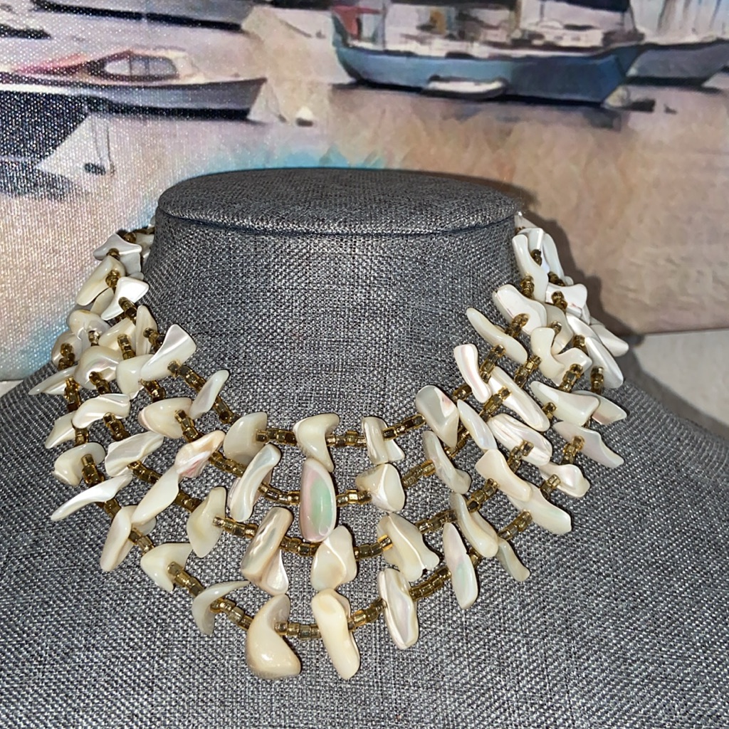 Vintage 4 Strand Mother Of Pearl Japan Choker Necklace